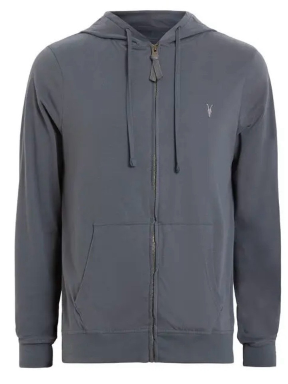 AllSaints Hoodie Mens Large Merino Wool Zip Up Ramskull Steel Gray